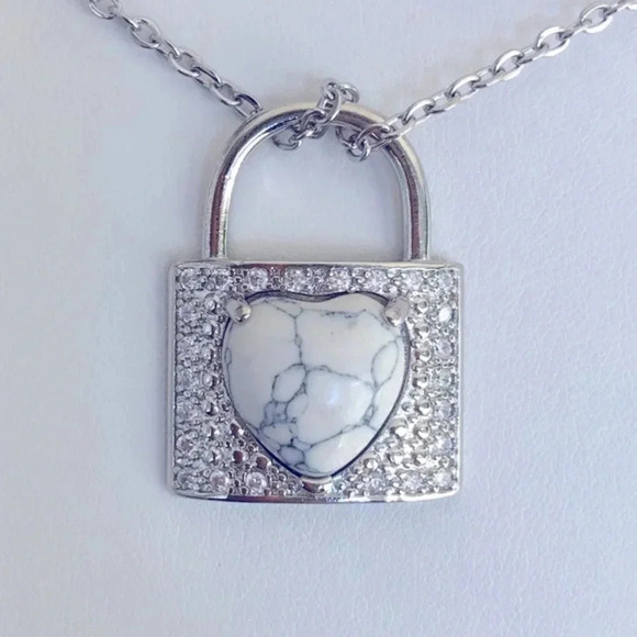 Howlite Heart in Lock Handmade Stainless Steel Necklace NWT - Picture 2 of 4